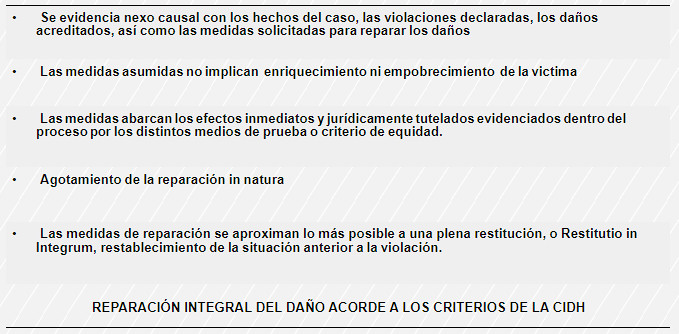Reparación
integral del daño con base en los lineamientos de la CIDH.