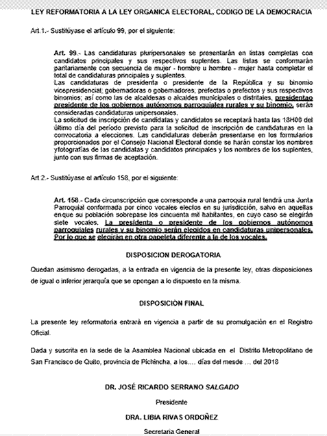 Ley
Reformatoria a la Ley Orgánica Electoral, Código de la Democracia.



 