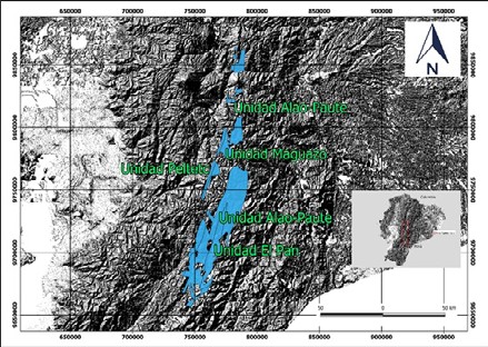 Mapa de
ubicación y distribución de la unidad Alao en la Cordillera Real