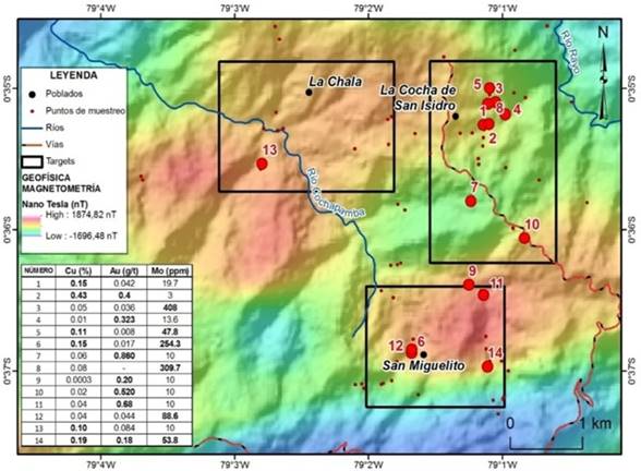 Mapamagnetometría aérea vs Geoquímica de rocas (zonas de targets).