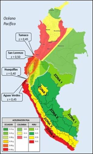 Mapa de zonificación sísmica de
Colombia, Ecuador y Perú
