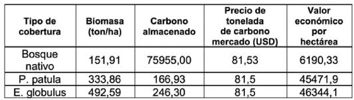  Valor económico
por hectárea por el servicio de las coberturas bosque nativo andino, plantación
de Pinus patula y de Eucalyptus globulus