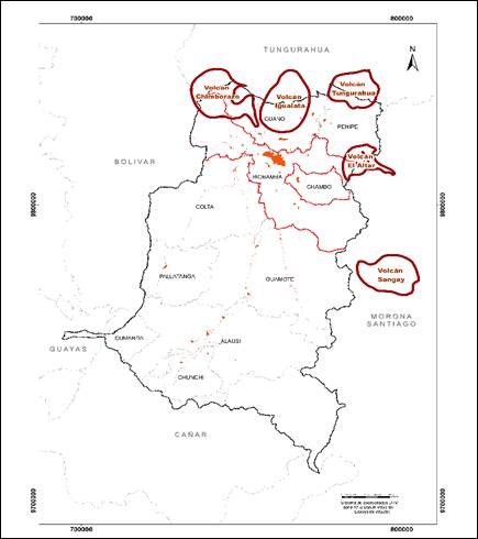 Ubicación de áreas afectadas
históricamente por erupciones volcánicas en Chimborazo