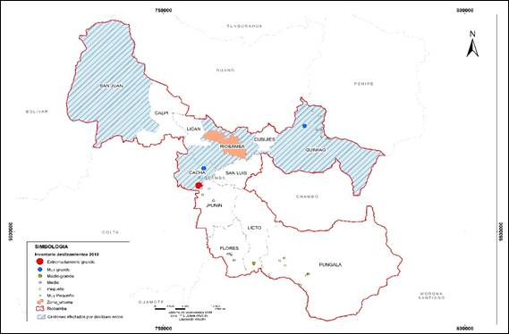 Ubicación de eventos históricos de deslizamientos ocurridos en el cantón
Riobamba desde el año 2012 a la actualidad