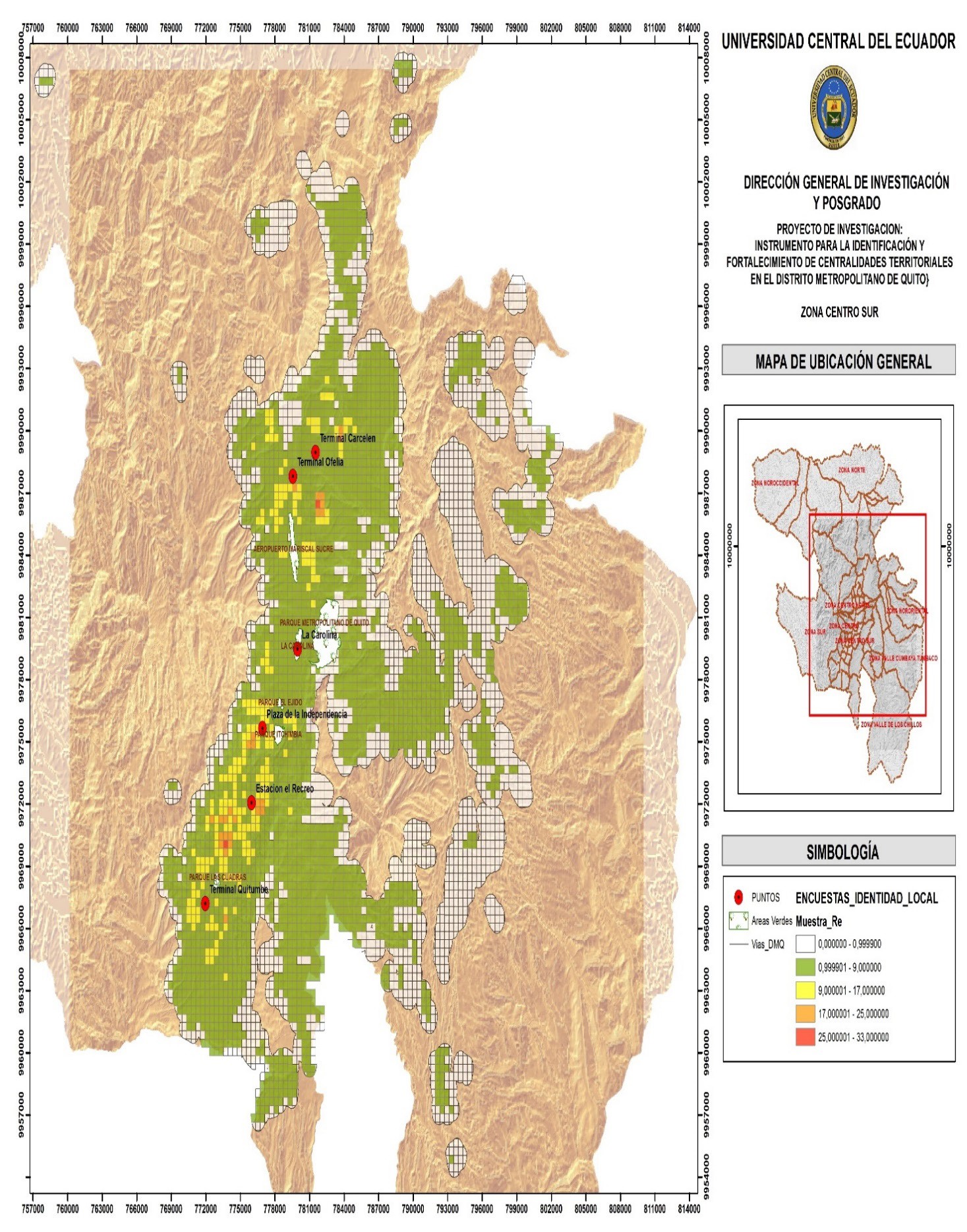 Mapa de distribución de las
encuestas en el Distrito Metropolitano de Quito por celdas 400*400 metros