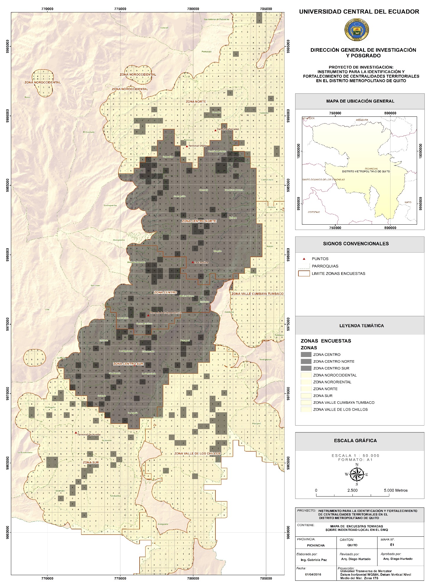 Mapa de distribución del número
encuestas por celda en el Distrito Metropolitano de Quito