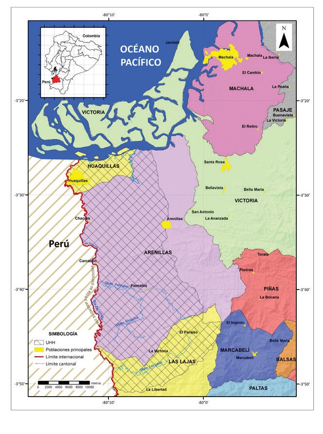 Mapa de ubicación de la zona de estudio,
comprendida por los cantones Huaquillas, Arenillas y Las Lajas