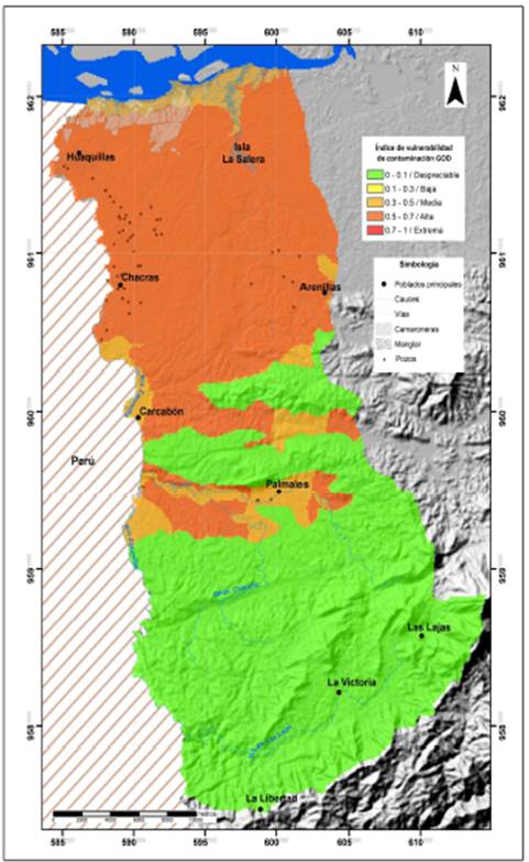 Mapa de vulnerabilidad de contaminación en la Unidad Hidrogeológica
Huaquillas, de acuerdo al método GOD