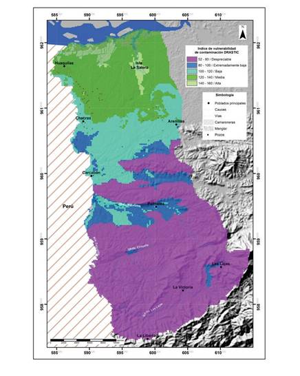 Mapa de
vulnerabilidad de contaminación de los acuíferos de la Unidad Hidrogeológica
Huaquillas, de acuerdo al método DRASTIC