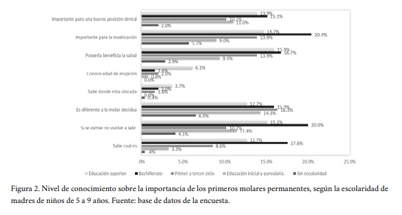 Nivel de conocimiento sobre la importancia de los primeros molares permanentes, según la escolaridad de madres de niños de 5 a 9 años