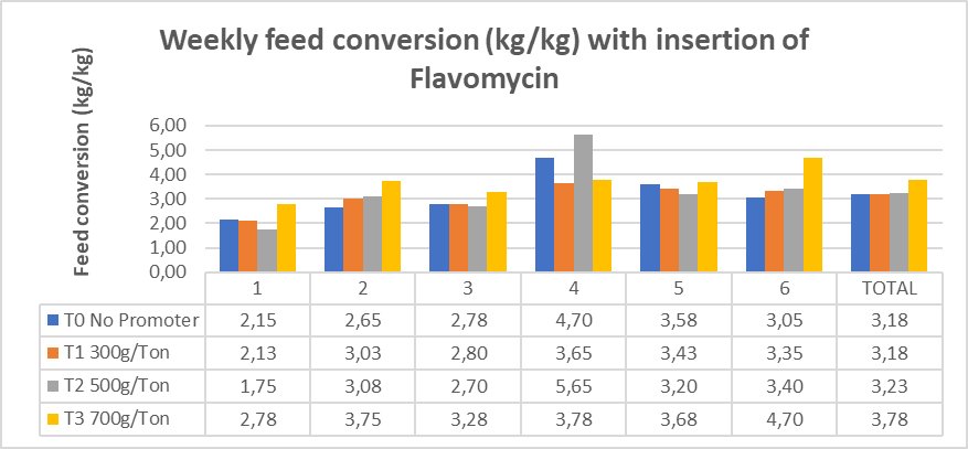 Figure
5. Weekly feed conversion (kg/kg) of Creole pigs at different doses of Flavomycin insertion, expressed in bars. FCP. UTEQ.