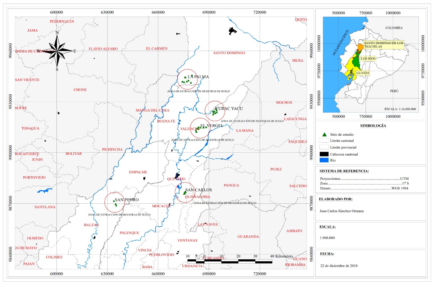 Figura 1. Mapa de ubicaci&oacute;n de los sitios de estudio en la zona central del
litoral ecuatoriano