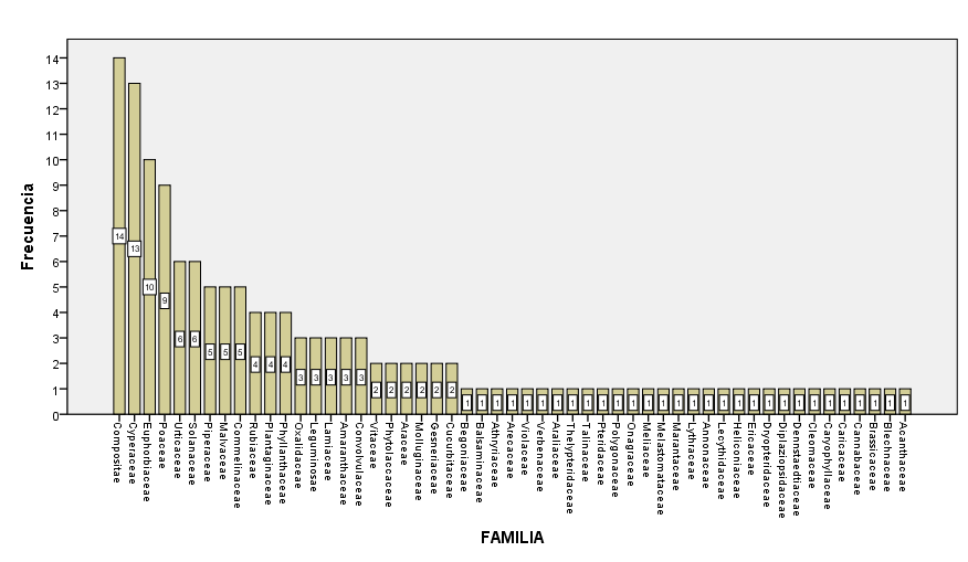 Figura 3. Frecuencia de familias y n&uacute;mero de especies de arvenses presentes
en el estrato bajo y banco de semillas del suelo en plantaciones de teca.