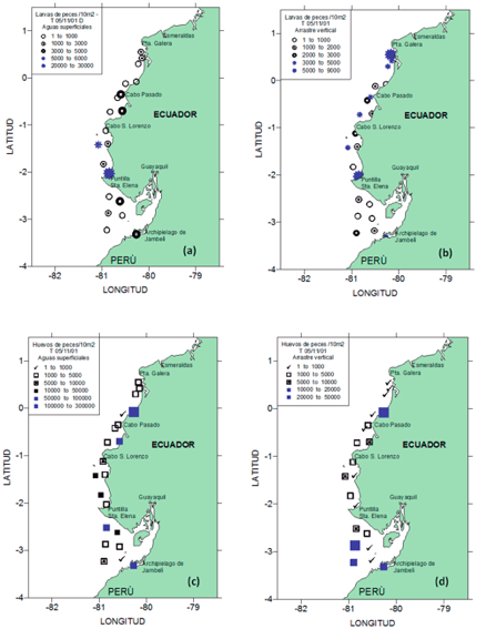 (a) Larvas de peces en aguas superficiales;
(b) larvas de peces en la columna de agua; (c) Huevos de peces en aguas superficiales; (d) Huevos de peces en la columna de agua durante crucero T 05/11/01 D.