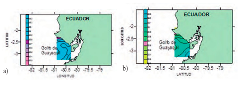 a) Salinidad superficial;
b) salinidad a 20 metros durante Crucero T05/11/01 D.