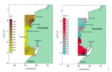 Distribución de:
a) diatomeas y b) zooplancton en aguas superficiales durante noviembre 2005
(Fuente de datos: Área Plancton INP. Elaboración: María Luzuriaga)
