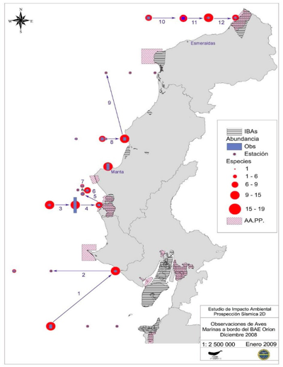 Lista de las especies de aves observadas durante el crucero de estudio entre 12 y 21 de diciembre de 2008