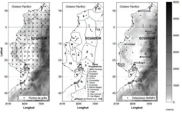  Ubicación de las
estaciones meteorológicas con registros pluviométricos usados en este estudio
(derecha). Zonas de precipitación homogénea, de acuerdo a Rossel et al. 1998 (centro). Puntos de la
grilla base de 0.25° definidos para la zona costera ecuatoriana (izquierda).