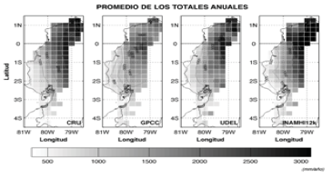 Promedio de los
totales anuales de precipitación para cada uno de los productos evaluados y el
INAMHI12k, en mm/año (adaptado de Cedeño & Cornejo-Grunauer, 2008).