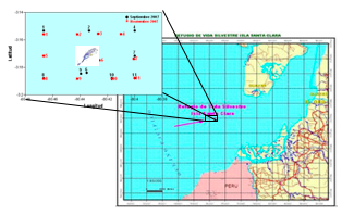 Ubicación Geográfica de las estaciones de
monitoreo en la isla Santa Clara, durante los meses de septiembre y noviembre
de 2007.