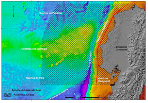 Se
puede observar que jurídicamente, de acuerdo al Art. 76 de la CONVEMAR, en el
sector continental, Ecuador tiene derecho a una plataforma que comprende el
suelo y subsuelo de la plataforma natural, la Fosa Ecuador-Perú, la Cordillera
de Carnegie, parte de la Cuenca de Panamá y parte de la Cuenca de Perú, con una
superficie aproximada de 237.038 Km2.