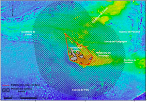Plataforma Insular del Ecuador aplicando
el Art. 76 de la CONVEMAR. Se puede observar que comprende el suelo y subsuelo
de la Plataforma de Galápagos, el extremo suroccidental de la Cordillera de
Cocos, el extremo Oriental de la Cordillera de Colón y parte del extremo norte
de la Cuenca de Perú.