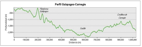 Perfil longitudinal
de la Plataforma Insular de Galápagos a lo largo de la Cordillera de Carnegie.
Al oeste del perfil se ubica la Plataforma Insular de Galápagos, al este la
Cordillera de Carnegie y en la parte central una depresión morfológica
(Saddle). El Saddle es producto de la menor aportación de material magmático
cuando se produjo el salto del centro de divergencia Cocos Nazca al sur del
punto caliente de Galápagos (Sallares,
2008).