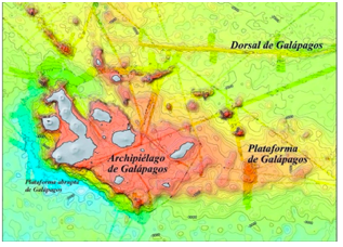 MDT donde se muestra la diferencia de pendientes que existen alrededor de las
islas Galápagos. Al este de las islas la pendiente es muy suave y corresponde a
la Plataforma Insular del Ecuador ; al oeste y al sur de las islas la pendiente
es muy abrupta, por lo que naturalmente el Ecuador Insular tiene plataforma
continental sólo hacia el este y norte de las islas Galápagos (Imagen de:
Batimetría y Relieve Continental e Insular. INOCAR-IRD, 2006.