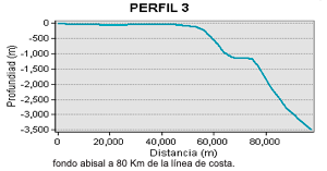 Perfil batimétrico localizado al
norte de la Punta de Santa Elena. Se puede observar que la Plataforma continental
en este sector alcanza una anchura de 40 km, la pendiente del talud es del 15%.
En este sector la plataforma alcanza el fondo abisal a 80 km de la línea de
costa, muy similar al perfil 2.