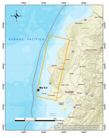Área general de dislocación,
considerada como fuente generador del peor escenario de tsunami para las costas
de Santa Elena. Fuente: GEBCO-INOCAR. Elaborado por INOCAR 2020.