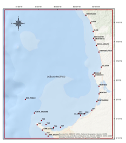 Ubicación
de veinte y ocho estaciones virtuales para la obtención de las series de tiempo
a lo largo de las costas del área de estudio. Fuente: Esri, GEBCO; National Geographic,
Garmin, Geoname.org, NOAA NGDO, USGS, NPS. Elaborado por INOCAR 2020.