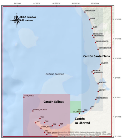 Distribución
de las estaciones mareográficas de acuerdo a su división política para el
análisis de las series de tiempo de las ondas de tsunami. Elaborado por INOCAR
2021.
