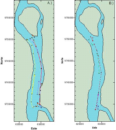 Float trajectory on June 27, 2006. a) 0 m depth and b) 3 m depth.