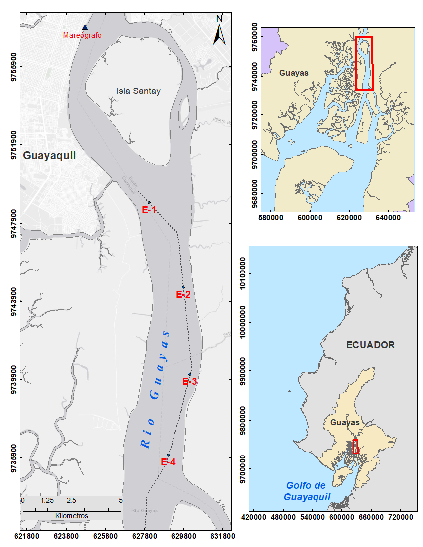 Study area and
location of current and tide gauge stations.