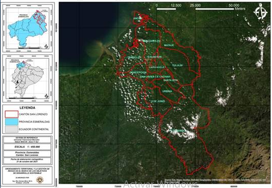 Orthophotomap of San
Lorenzo canton, under a parish division.