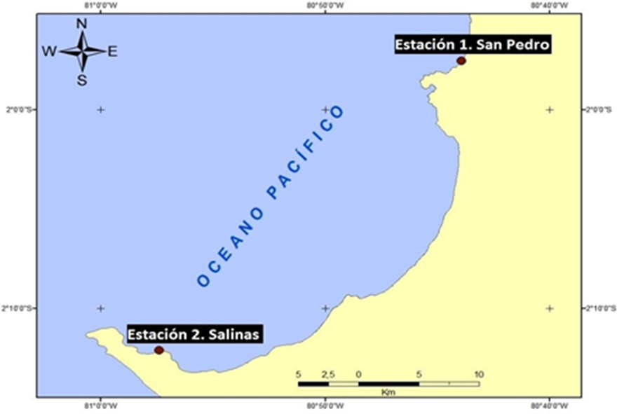Location of sampling
stations: Station 1. San Pedro;  Station 2. Salinas.