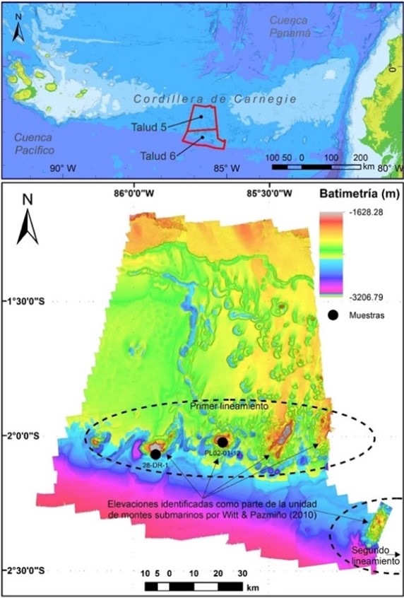  Location map of the
study area. Top, location of bathymetries Slope 5 and Slope 6; bottom,
multibeam bathymetry data Slope 5 and Slope 6, location of the lineaments and
elevations of the seamount geomorphologic unit.