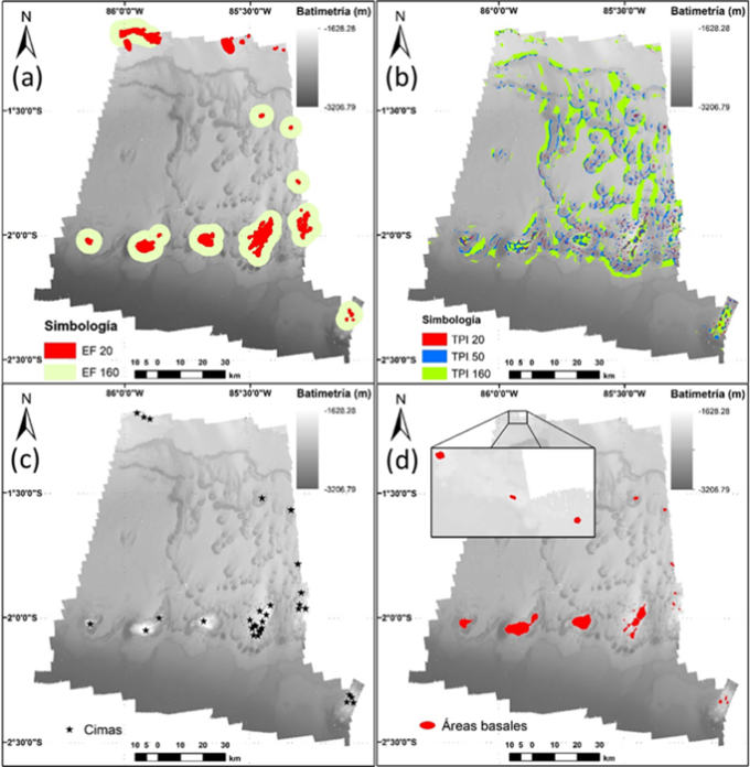  Results: a) and b) Application of the automatic
procedure using the focal statistics and TPI tools, respectively; c) and d)
Ridges and basal areas, respectively, after manual monitoring of the polygons
obtained in the automatic procedure.
