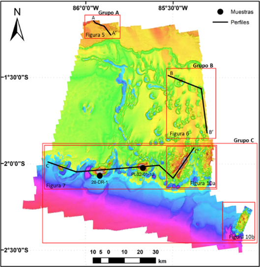 Map
showing the location of the underwater elevations and the designated groups.