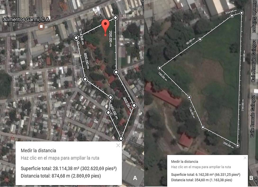 Figura 1. 
			A: Ubicación relativa del CSSCRP, adscrito a la red de geriátricos del INASS en Turmero, edo. Aragua. B: Área destinada para la realización del proyecto agroecológico Gerogranja CSSCRP de aproximadamente 0,6 ha.