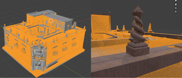Proceso de sobreposici&oacute;n del modelo digital 3D y la nube de puntos del Centro cultural universitario caja real y detalle de un pin&aacute;culo esculpido digitalmente.