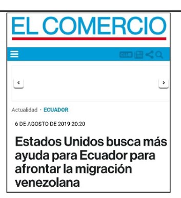 Estados
Unidos busca ayuda para Ecuador para afrontar la migración venezolana. El
Comercio .