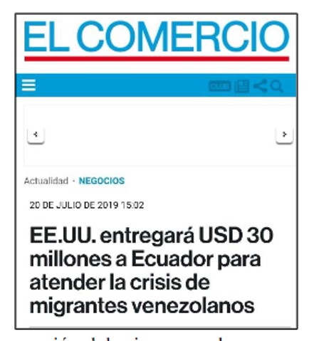 EE.UU. entregará USD 30 millones a
Ecuador para atender la crisis de migrantes venezolanos. El Comercio.