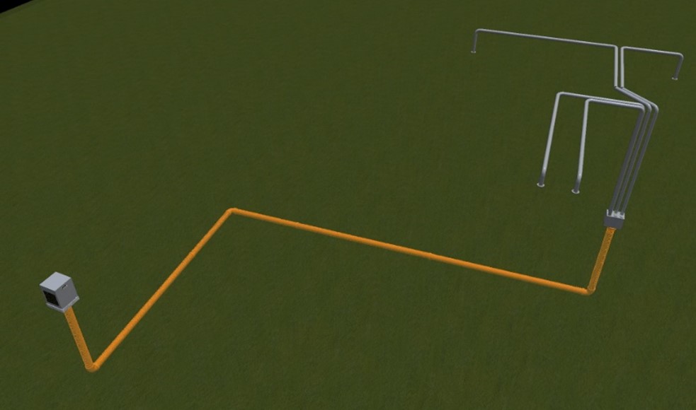 Esquema completo del sistema dise&ntilde;ado. Cabina de impulsi&oacute;n, tuber&iacute;a de intercambio geot&eacute;rmico y tuber&iacute;as de distribuci&oacute;n.
