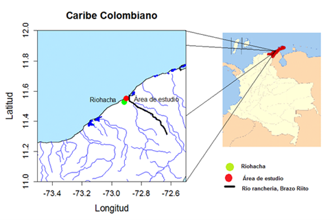 Ubicación del municipio de Riohacha con los brazos principales del delta del Río Rancheria brazo Riíto en la Península de La Guajira Caribe Colombiano