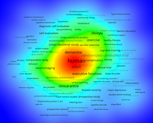 Mapa de densidad bibliométrica de términos relacionados con intervenciones cognitivas en el envejecimiento