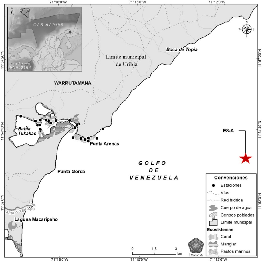 Distribución de las estaciones de muestreo en bahía de Tukakas, la estrella roja señala la estación E8-A lugar de la colecta del hidroide.