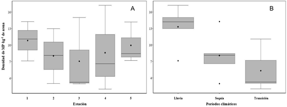 Caracterizaci&oacute;n de los micropl&aacute;sticos en playa Petare durante el periodo de estudio. Variaci&oacute;n espacial de la densidad (A) y variaci&oacute;n temporal de la densidad (B).