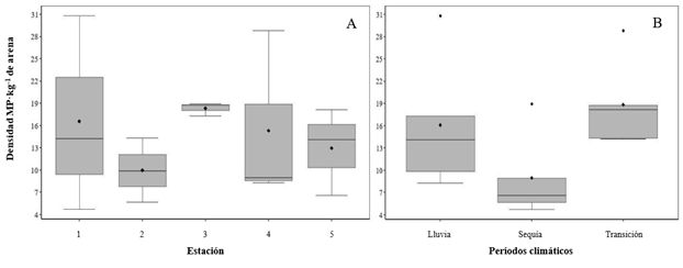 Caracterizaci&oacute;n de los micropl&aacute;sticos en playa Esp&iacute;n durante el periodo de estudio. Variaci&oacute;n espacial de la densidad (A) y variaci&oacute;n temporal de la densidad (B).