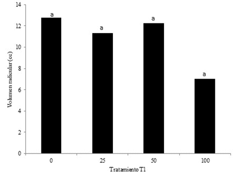 Volumen radicular por efecto de tratamiento
1. Tratamientos con la misma
letra no son significativamente diferentes a P: 0.05.